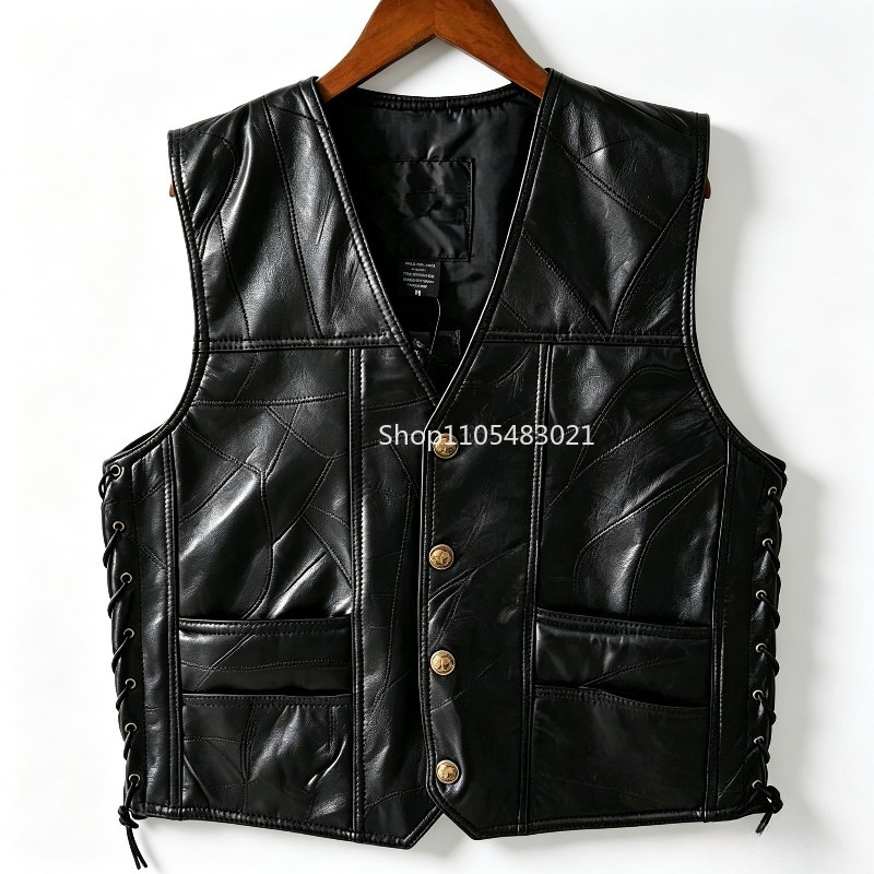 Motorcycle Gear Jacket - Erkek Siyah Patchwork Deri Biker Yeleği,